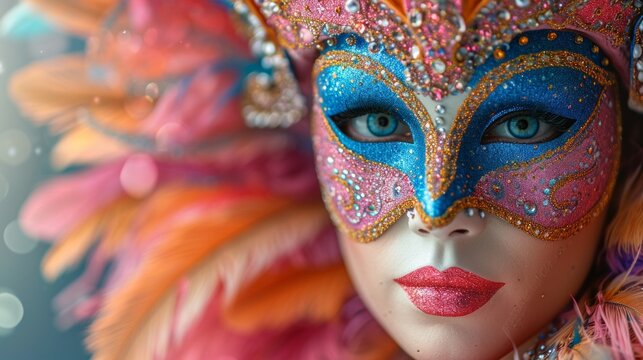 Closeup portrait of a beautiful woman with carnival venetian mask