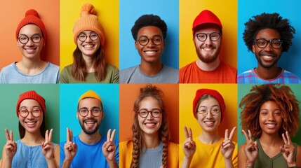 Set of cheerful multiethnic people in hats and glasses showing peace sign on colorful background. - Powered by Adobe