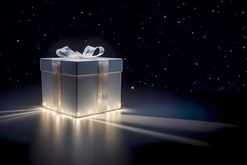 white gift box, silver ribbon with bow, on dark background with backlight and illumination 