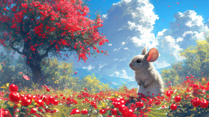  a painting of a rabbit sitting in a field of flowers with a tree in the background and a blue sky with white clouds and red flowers in the foreground.