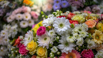 Obraz na płótnie Canvas Flower shop photo, abundance of flowers, various colors, strong rays of light.