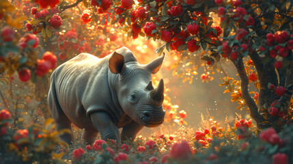  a rhino standing in the middle of a forest with red berries on it's head and a rhino standing in the middle of the forest with red berries on it's head. - obrazy, fototapety, plakaty