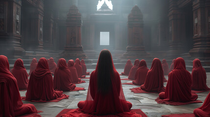Women in red vails in a temple - obrazy, fototapety, plakaty