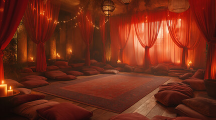 Red tent: welcoming interior with many red pillows - obrazy, fototapety, plakaty