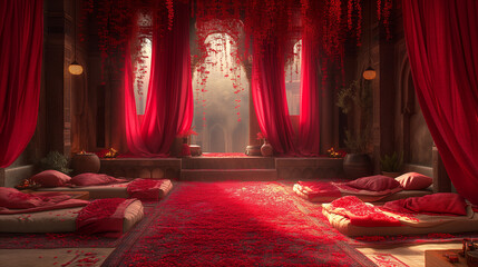 Red tent: interior with ritualic beds and petals - obrazy, fototapety, plakaty