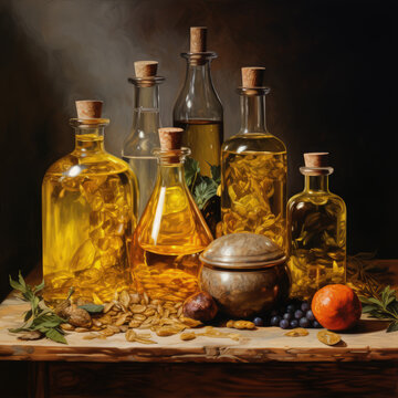 Artistic Still Life of Olive Oil Bottles with Vintage Appeal - Image Generated with AI