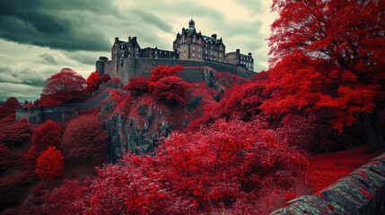  a castle sitting on top of a lush green hillside covered in red leaves and surrounded by a forest filled with tall, red trees with red leaves on a cloudy day. - Powered by Adobe