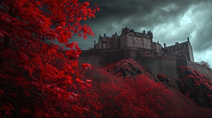  a castle sitting on top of a lush green hillside under a cloudy sky with red leaves on the trees and below it is a dark sky filled with dark clouds. - Powered by Adobe