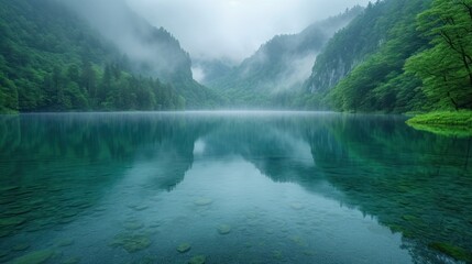  a body of water surrounded by lush green trees and a mountain range in the distance with mist hanging over the water and fog rolling over the top of the mountains. - Powered by Adobe