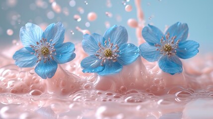  a group of blue flowers sitting on top of a pile of soap bubbles on top of a pink surface with drops of water on the bottom of the soap bubbles.