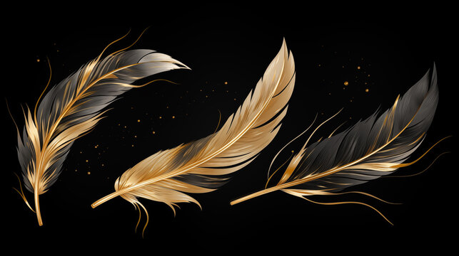 a group of gold and black feathers