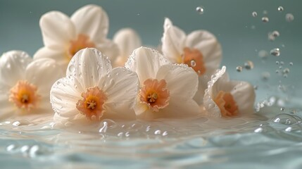  a group of white flowers floating on top of a body of water with drops of water on the bottom of the flowers and on the bottom of the water is a light blue background.