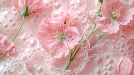  a group of pink flowers sitting on top of a white table covered in drops of water and droplets of water on the surface of the table top of the picture.