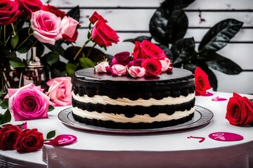 Obraz na płótnie Canvas A Captivating Product Shot Featuring a Monochromatic Masterpiece - the Black and White Cake - Adorned with the Vibrant 'Slice Delice' Logo Crafted in Luscious Cream, Set Against a Crisp White Table, A