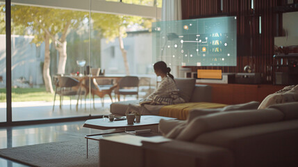 An artificial intelligence interface assisting a person with daily tasks in a modern living room