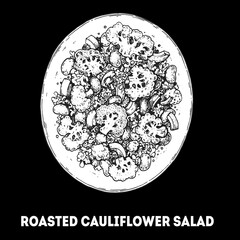 Mediterranean cauliflower salad hand drawn sketch. Top view. Vegan food. Vector illustration.