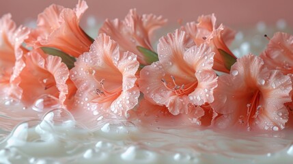  a group of pink flowers sitting on top of a white cake covered in water droplets on top of a pink table cloth covered in drops of water on top of the cake.