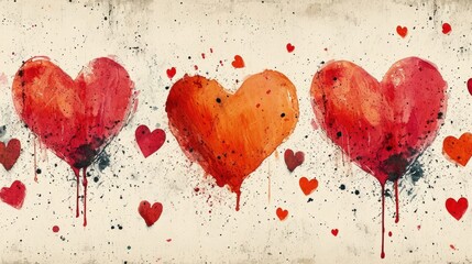 a number of hearts painted on a wall with paint splattered on the side of the wall and on the side of the wall is a white wall with red and black splats.