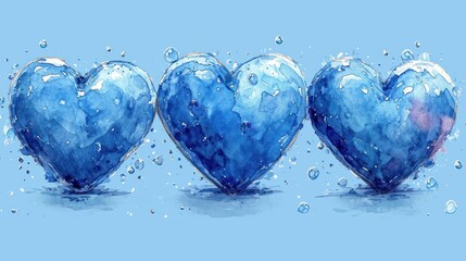  a group of three blue heart shaped balloons floating on top of a blue surface with drops of water on the top of the balloons and on the bottom of the balloons.