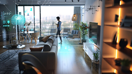 An artificial intelligence interface assisting a person with daily tasks in a modern living room