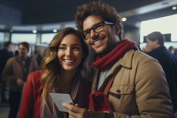 At the airport: a happy couple holding tickets - obrazy, fototapety, plakaty