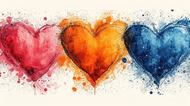  three hearts painted in different colors of blue, red, yellow, and orange on a white background with splatters of paint on the side of the heart.