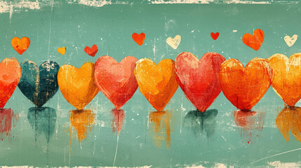  a painting of a row of hearts on a green background with red, orange, yellow, and black hearts on the left side of the row of the row.