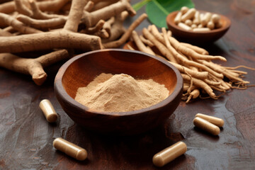Fototapeta na wymiar Ayurvedic Ashwagandha Supplement - Roots, Powder, Capsules