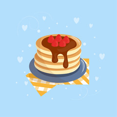 Pancakes with chocolate filling decorated with raspberries. Stacks of tasty pancakes with chocolate syrup and berries. Delicious breakfast food. Vector illustration in cartoon style.
