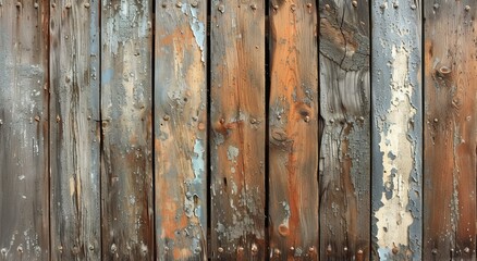 A weathered wooden plank, coated in rust and varying shades of brown, stands tall as a symbol of resilience and the beauty of nature in an outdoor setting