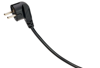 Black electric power cable wire with plug  250 volt isolated on white background.
