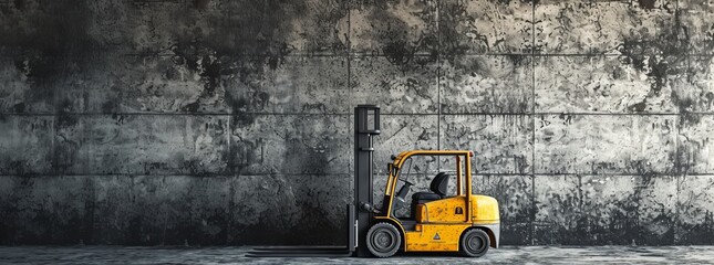 A small yellow forklift positioned in front of a concrete wall, representing industrial machinery and construction equipment against a rugged urban background