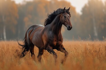 A majestic liver sorrel mustang horse stands tall in a field, its brown mane flowing in the wind as it gallops freely through the lush green grass - obrazy, fototapety, plakaty