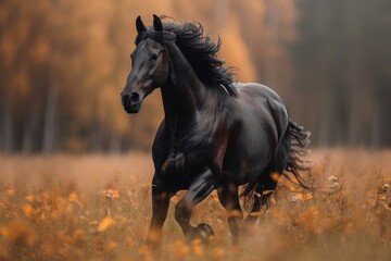 A majestic sorrel mustang horse with a flowing mane gallops through a golden field in the crisp autumn air, exuding strength and freedom - obrazy, fototapety, plakaty