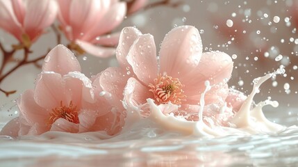  a group of pink flowers with water splashing out of the middle of the flower and on the side of the water is a branch with pink flowers in the background.