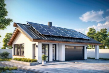 Solar panels installed on the roof of a house. 3d rendering