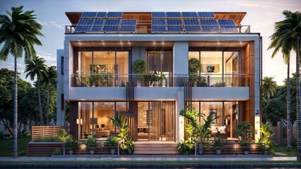 3d rendering of house with solar panels on the roof.