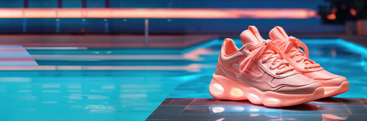 Sneakers stand against the background of the pool