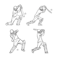 set of players cricket players action figure line art black outline illustration