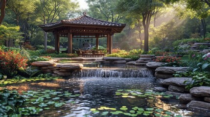  a gazebo in the middle of a garden with a waterfall and a gazebo in the middle of a garden with a waterfall and a gazebo in the middle.