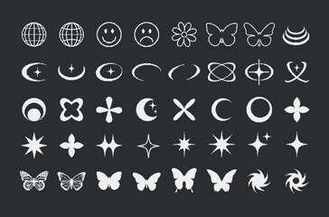 Set of y2k shapes in pixel style, retro futuristic pack, y2k geometric elements for logo card, web, poster. 90s pixel graphic forms