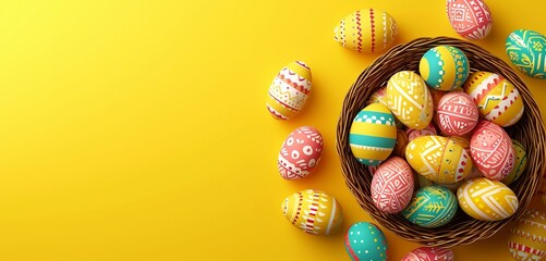 Fototapeta na wymiar Festive Easter horizontal banner, template header for website. Realistic 3d design elements. Spring holiday. Easter eggs in basket. View from above. Yellow background