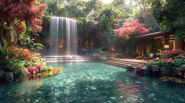  a painting of a waterfall in the middle of a garden with flowers and a waterfall in the middle of a pool with a waterfall in the middle of the water.