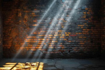 Amidst the darkness of the night, a glimmer of hope shines through the sturdy brick wall, casting a warm light upon the cold ground and illuminating the outdoor space with a sense of resilience and s