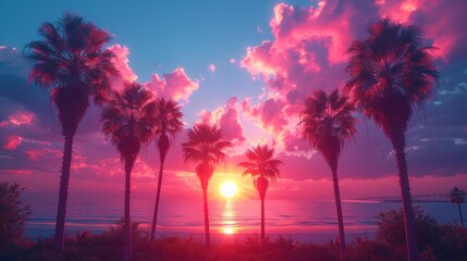  a sunset with palm trees in the foreground and a pink and blue sky in the background with the sun setting in the middle of the middle of the sky.