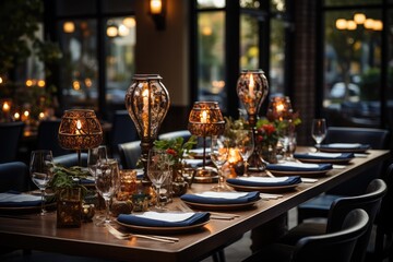 Fototapeta na wymiar A beautiful luxury restaurant inviting decoration warm lighting