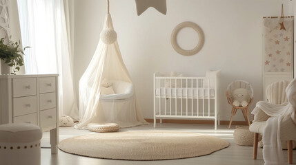 Interior of a room for a newborn. Light, beige milky colors.
