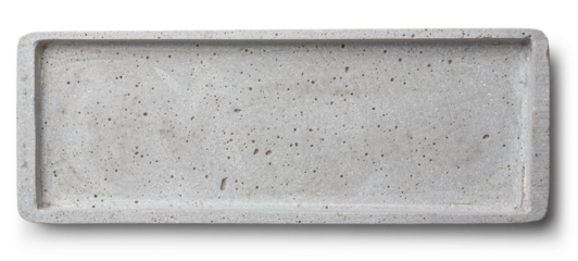 light gray rectangular minimalist concrete tray for writing supplies / pens / pencils, jewelry or kitchen utensils isolated over a transparent background, top view / flat lay, desk design element, PNG