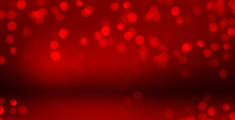 Valentine's Day red background for product presentation with glowing light bokeh, holiday romantic card, abstract wide banner with copy space.