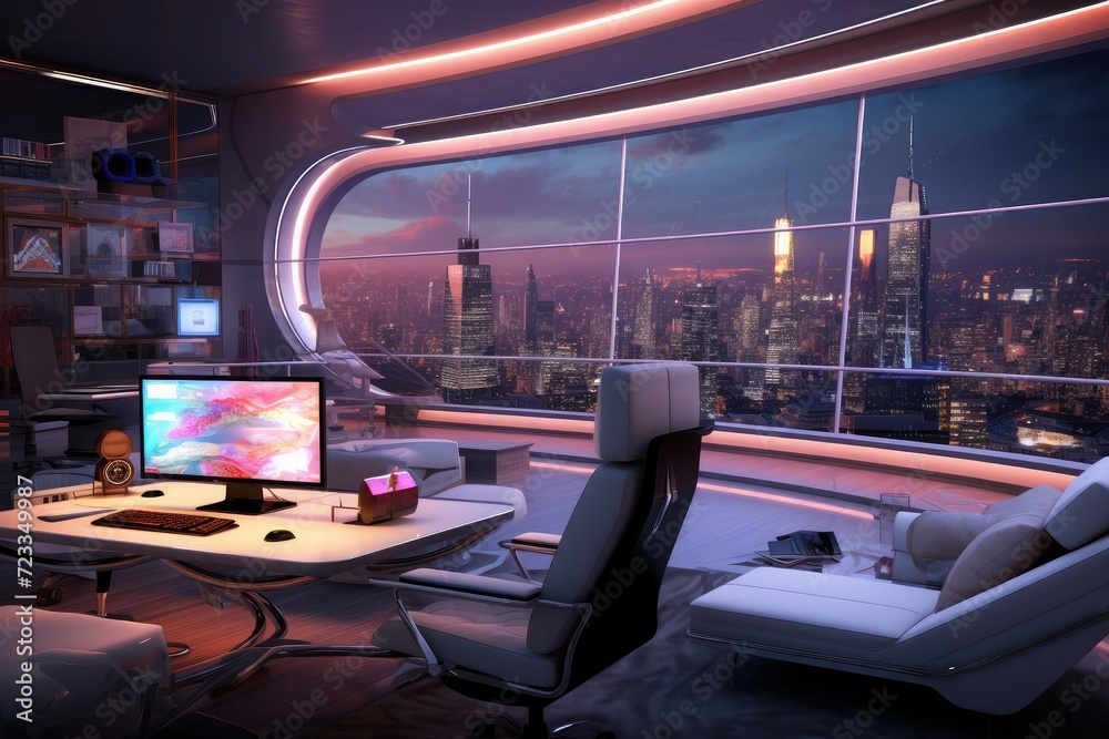 Poster modern home office with futuristic design with high-tech automated furniture